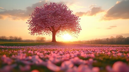 Serene Sunset: A Pink Blossom Tree in a Field of Petals