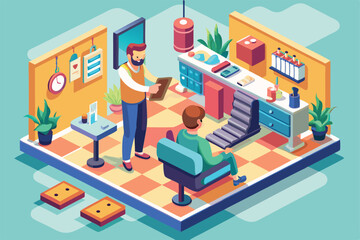 A hairdresser attends to a client in a colorful, modern barbershop with stylish furnishings and decor Hairdresser Customizable Isometric Illustration