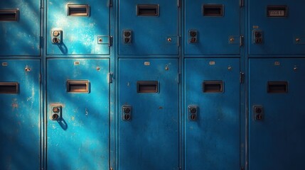 Fototapeta premium Blue metal lockers, sunlight, grunge wall, storage