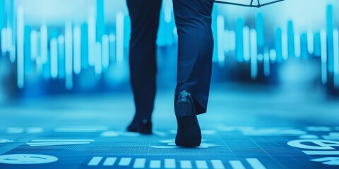 Economic uncertainty management. Walking figure on a digital background with data visualizations.