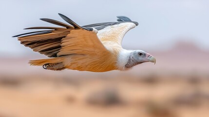 Pale-headed Vulture in flight over desert landscape, wildlife photography for nature documentaries