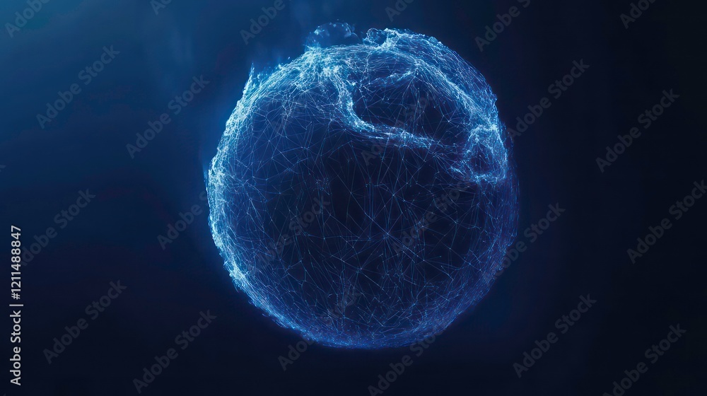 Poster abstract glowing blue sphere with intricate network connections, digital art.