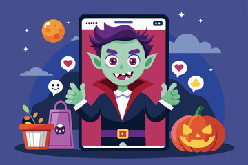 A lively vampire character poses with thumbs up in a Halloween-themed digital display Halloween  feed Customizable Cartoon Illustration