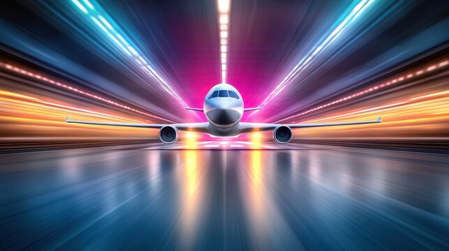 Vibrant airplane in motion with colorful lights.