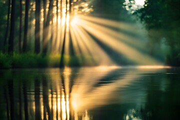 Serene Forest River Illuminated by Warm Sunlight Reflections