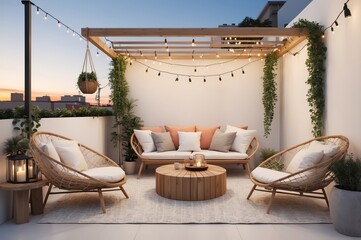 Cozy rooftop terrace with rattan furniture, string lights, and plants at sunset.