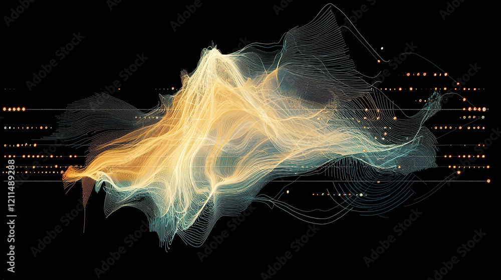 Poster glowing, multi dimensional data chart pulsates with neon waves and intricate lines, set against dark