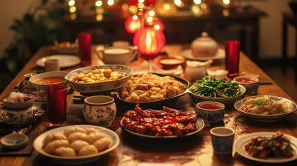 Fototapeta premium Traditional Chinese family reunion dinner with festive dishes and glowing red decorations