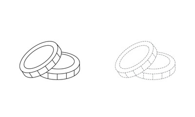 Tracing lines for toddlers. Handwriting practice sheet. Educational children game, printable worksheet for kids with Coins