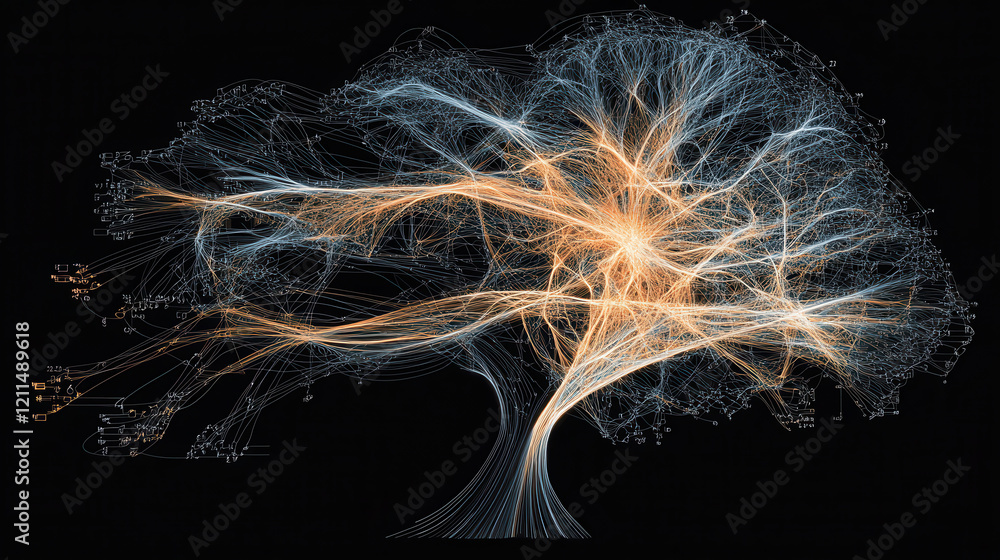 Poster glowing neural network tree with intricate, pulsating data pathways and vibrant neon lines, symboliz