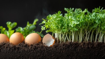 Fresh eggs and sprouting microgreens in soil, symbolizing growth, nourishment, and the cycle of life.