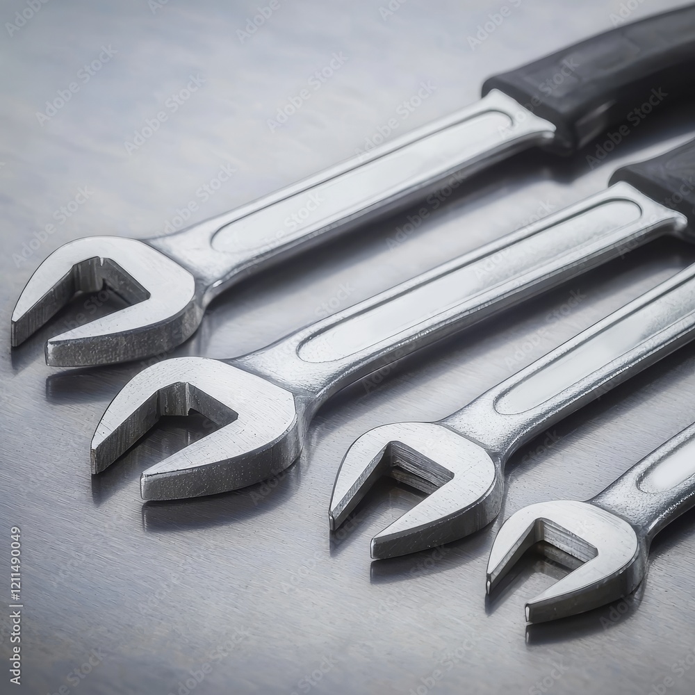 Aufkleber mechanics repair tools durability. wrenches lined up in a row on a textured surface.