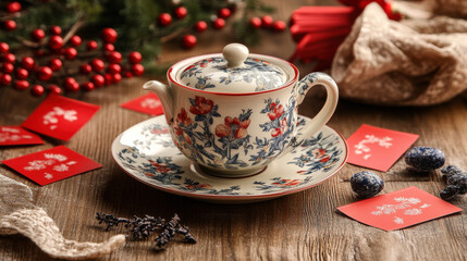 Fototapeta premium Close-up of a floral-patterned tea set on a red silk cloth, surrounded by festive Chinese New Year ornaments