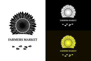 sunflower head with a few seeds, flower shop logo, farmers market, veggies, vegetables shop, fruits shop, agriculture, farming, organic foods market, vector arts, silhouette, abstract