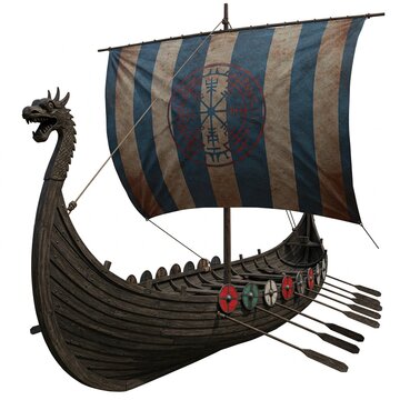 A detailed Viking longship with a dragon head prow and a striped sail, isolated on a white background