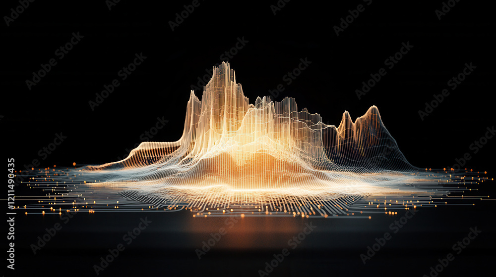 Poster glowing 3D data visualization chart with neon lines and pulsating light effects, representing complex multi dimensional data analysis