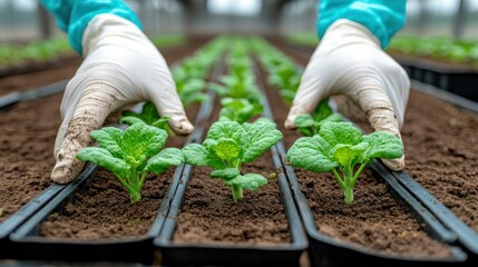 Cultivating Life: Hands Gently Nurturing Young Seedlings in a Greenhouse