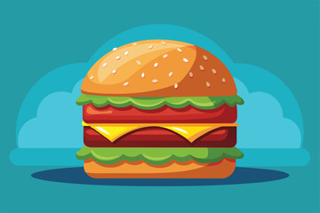 A vibrant hamburger with layers of cheese, lettuce, and tomato against a bright blue backdrop Hamburger Customizable Disproportionate Illustration