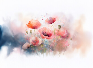 Delicate watercolor painting of red poppies in a soft, abstract background.  The blooms are rendered with subtle detail against a dreamy, colorful wash.