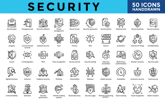 Security icons set with security gate, emergency exit, security software, visitor management, secure server, security awareness, security policy, cybersecurity icon. Simple handdrawn vector 

