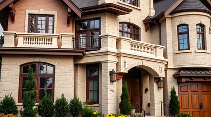 Naklejka premium Luxury House Exterior: Elegant Stone Facade and Modern Design. A stunning modern home with classic details, showcasing beautiful stonework, large windows, and a welcoming entrance.