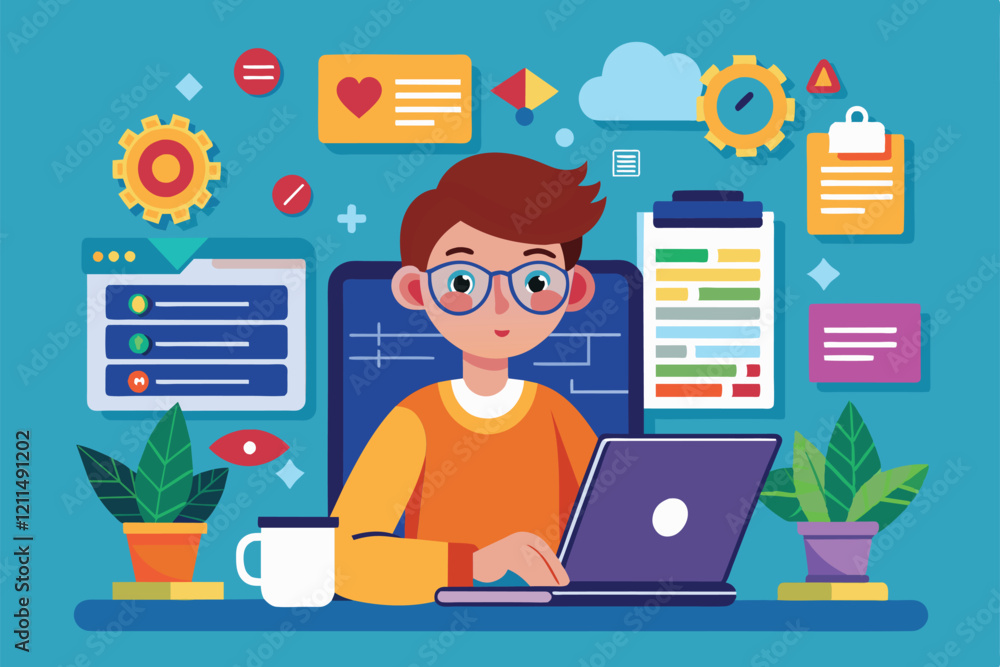 Poster a person works intently at a laptop with vibrant illustrations around them, showcasing creativity an
