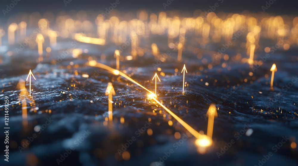 Poster glowing network of golden arrows on dark, textured surface symbolizes data flow and connectivity in 