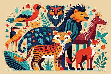 Colorful wild animals creatively illustrated together in a lively jungle environment filled with foliage Hand draw abstract wild animals