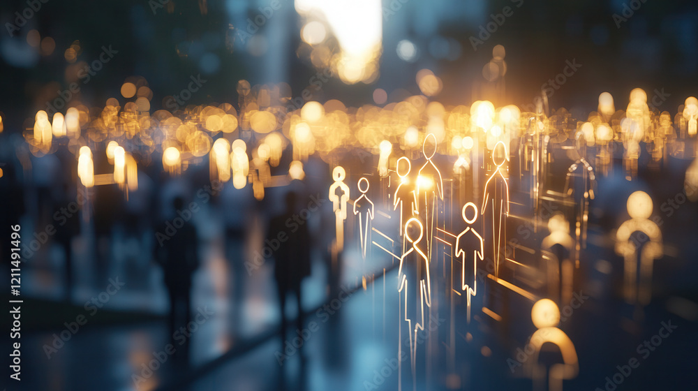 Poster glowing abstract representation of consumer targeting with illuminated human icons in blurred urban 