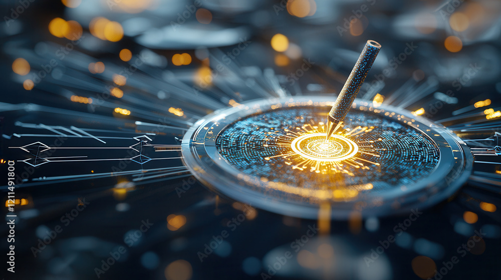 Poster glowing dart hits center of futuristic digital target, symbolizing precision and consumer targeting 