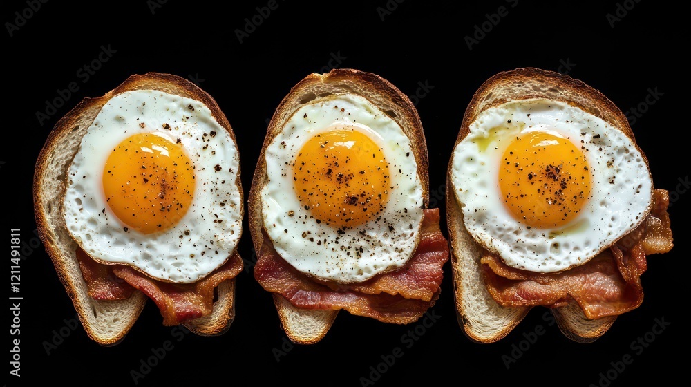 Poster Three slices of toasted bread topped with fried eggs and crispy bacon, arranged in a row against a black background.