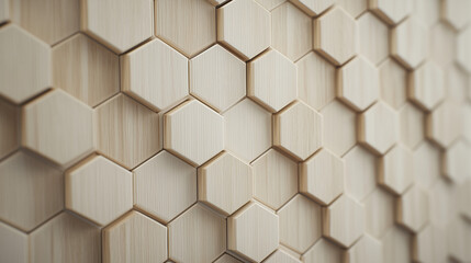 Naklejka premium Hexagon Wood Panel: A close-up view of an elegant, geometric wood panel made up of hexagonal shapes, creating a captivating interplay of light and shadow. This minimalist.