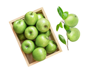 green apples in box isolated on white background. Top view.