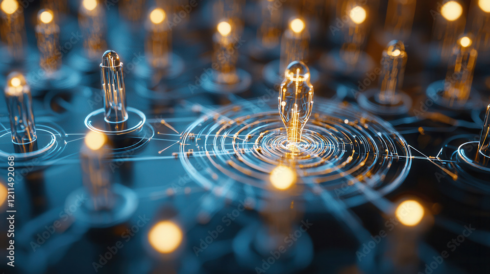 Poster glowing abstract concept of consumer targeting with illuminated light bulbs and concentric circles, 