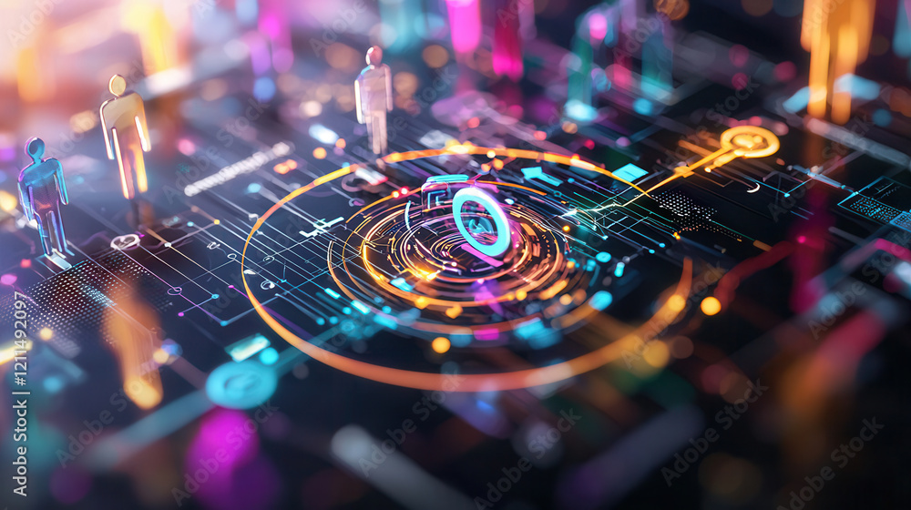 Poster vibrant digital representation of consumer targeting, featuring abstract figures, data points, and g