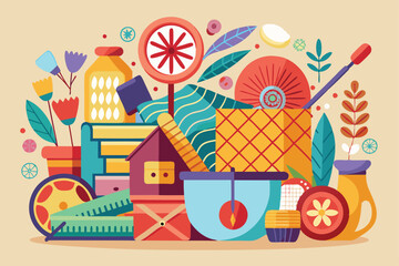 Colorful handmade crafts and tools are creatively arranged, highlighting the beauty of artisanal work Handmade and handicraft,