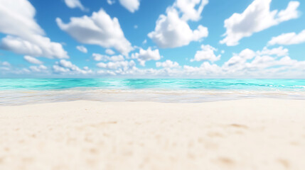 Obraz premium serene beach scene with soft sand, clear turquoise water, and fluffy clouds in bright blue sky evokes sense of tranquility and relaxation