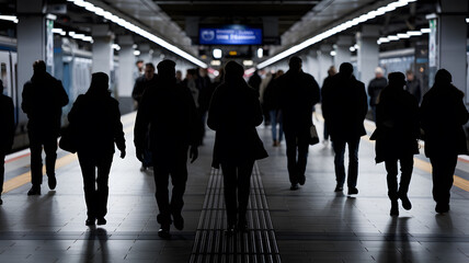 Silhouettes of people walking at a train station, creating a dramatic and moody atmosphere, perfect for illustrating urban travel themes. 