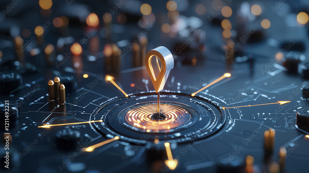 Poster futuristic concept of consumer targeting with glowing location pin on digital interface, symbolizing