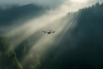 Fototapeta premium High Tech Drone Scanning Remote Forest for Wildlife Data Amid Morning Mist