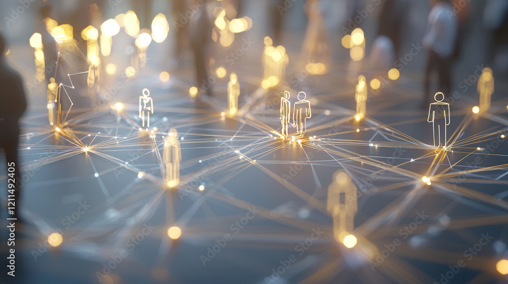 Poster conceptual visualization of consumer targeting with glowing human icons connected by network of gold