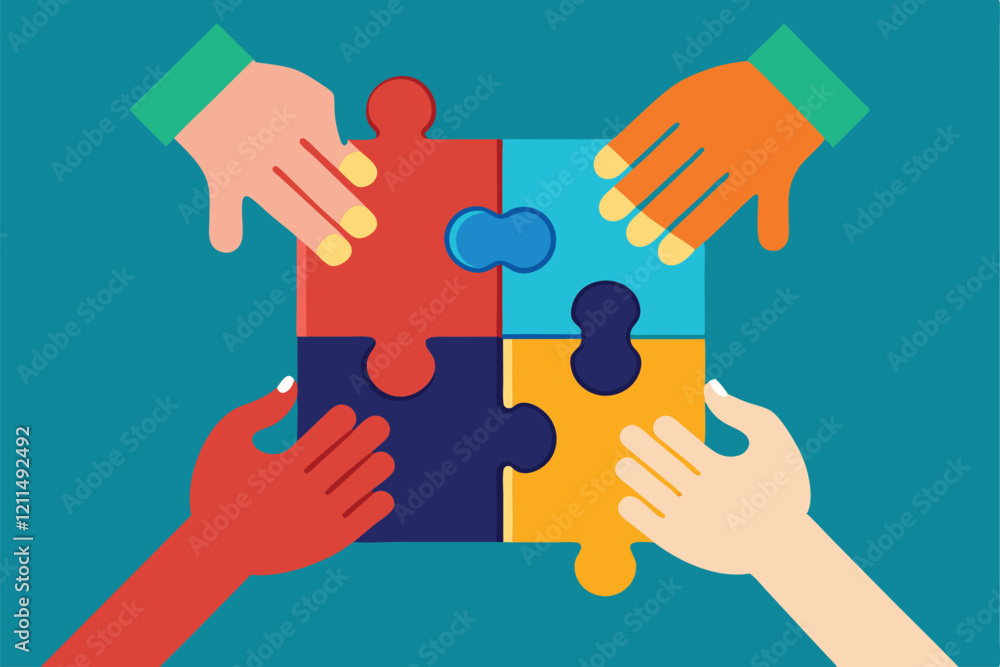 Poster various hands join together to fit colorful puzzle pieces in a collaborative assembly effort on a bl