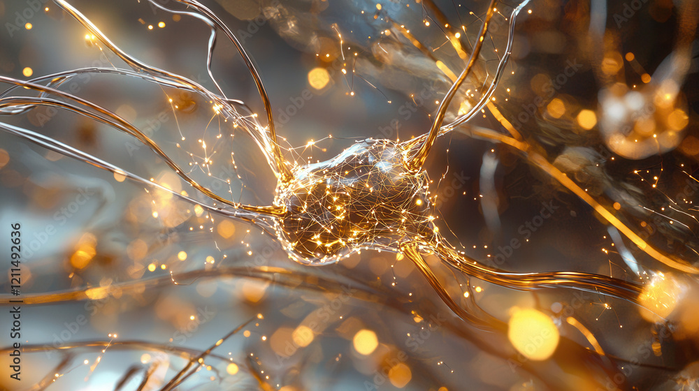 Poster glowing artistic representation of neural network, showcasing interconnected nodes and golden light 