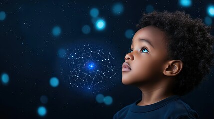 Fototapeta premium African American children idea. A thoughtful child gazing at a glowing network of ideas in a dark environment.