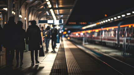 Fototapeta premium Silhouettes of people walking at a train station, creating a dramatic and moody atmosphere, perfect for illustrating urban travel themes. 