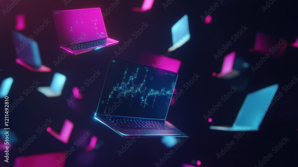 Poster neon laptops floating in cyberspace: a digital network visualization