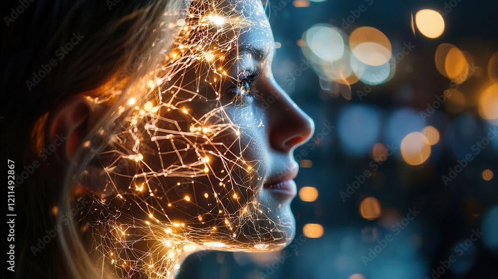 Poster womanâ€™s face illuminated by glowing neural network patterns, symbolizing ai integration and futuri