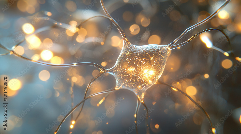Poster glowing neural network concept with interconnected nodes and golden light, symbolizing ai driven int