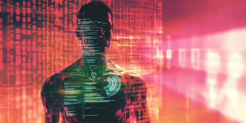 Futuristic man with digital code overlay.