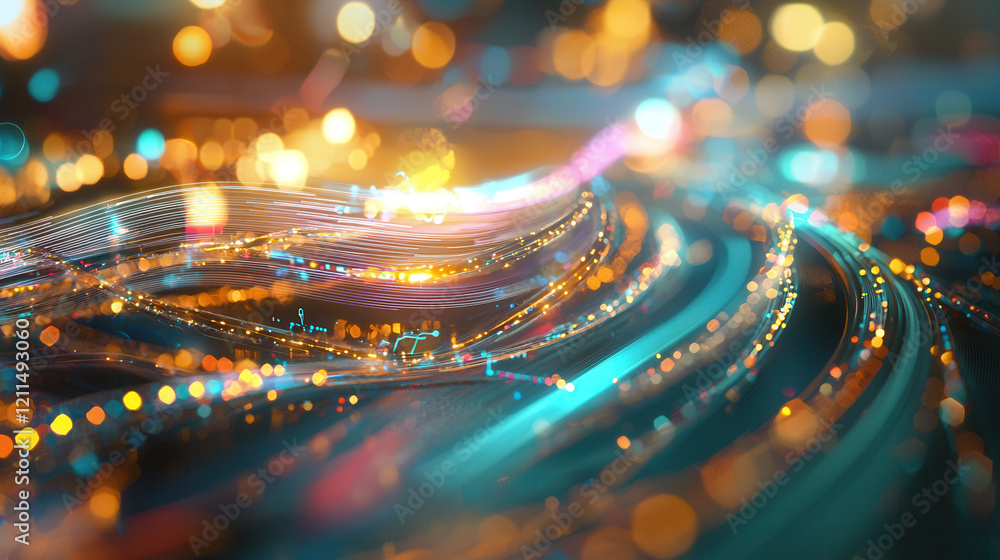 Poster vibrant depiction of AI driven data flow with glowing lines and bokeh lights, symbolizing futuristic technology and digital connectivity